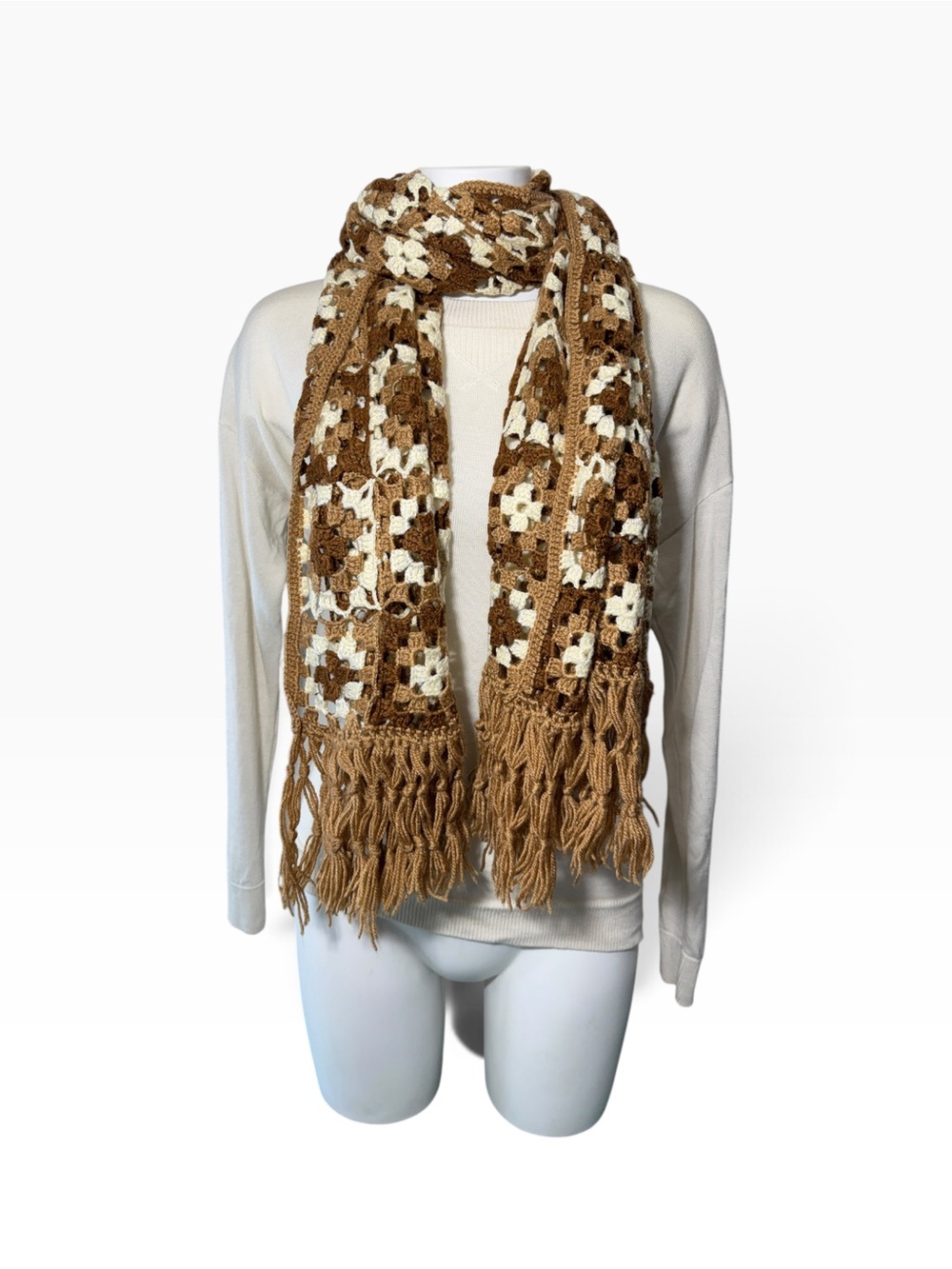 Vintage Granny Square Crochet Knit Wrap Scarf Fringe Edges